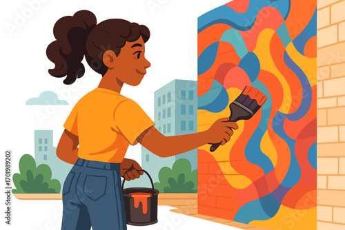 Woman painting colorful abstract mural on brick wall outdoors during bright sunny day, urban street art, creative artist with paintbrush, vibrant modern wall decor illustration