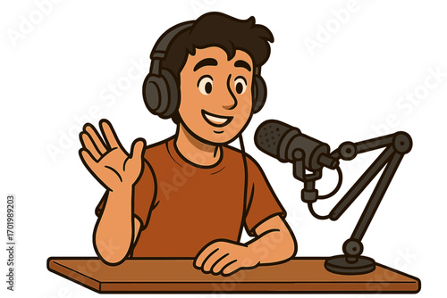 Young man recording podcast with headphones and professional microphone in studio setting, vector cartoon illustration, broadcasting, audio recording, content creator, digital media production