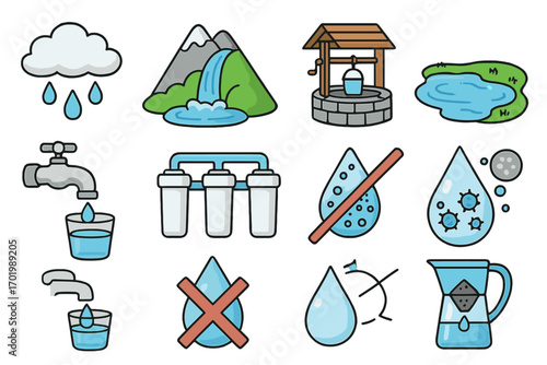 Water sources and purification methods vector icons, cartoon illustration of rain, river, well, pond, faucet, filtration system, clean and contaminated water symbols for education and environment