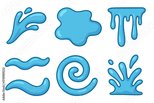 Various liquid shapes and fluid forms cartoon set, splash, drip, wave, spiral, abstract water drops, creative fluid shapes, blue liquid design elements, vector illustration