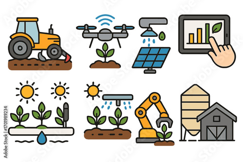 Agritech icon set for smart farming. Agricultural technology concepts. Modern food production with drone, robot arm, tractor, irrigation, solar energy and data analysis.