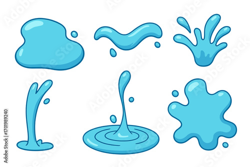Various liquid shapes and fluid forms set on a neutral background, showcasing dynamic water splashes, droplets, flowing drops, creative cartoon style vector illustration with transparent details