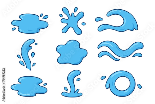 Various liquid shapes and forms fluid splash droplets and waves set collection on neutral background, cartoon style water splatter, fluid motion design elements, vector illustration