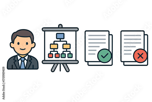 Business process visualization with compliance indicators and decision making, organizational chart, corporate management concept, approved and rejected reports, vector cartoon illustration
