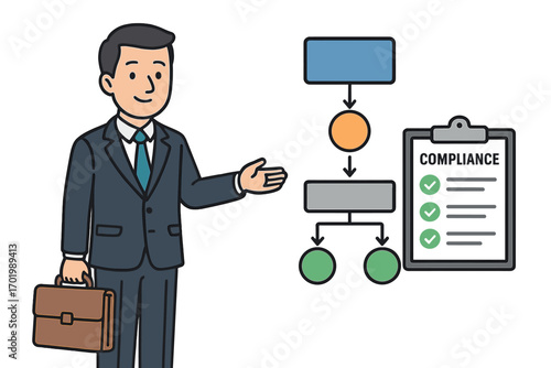 Business process flowchart with compliance checklist, corporate compliance concept, business strategy illustration, corporate workflow management, vector cartoon with businessman and briefcase