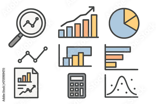Visual representation of data analysis and statistics concepts with various charts, graphs, calculator, and report in minimalistic vector cartoon style for business and finance