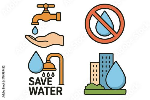 Water conservation symbols illustrating importance of reducing water wastage in daily activities across urban environments, save water concept, cartoon vector, ecology awareness