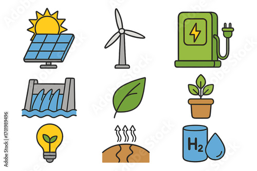 Renewable energy icons representing sustainable power sources and green technologies for eco-friendly future vector cartoon illustration with transparent background