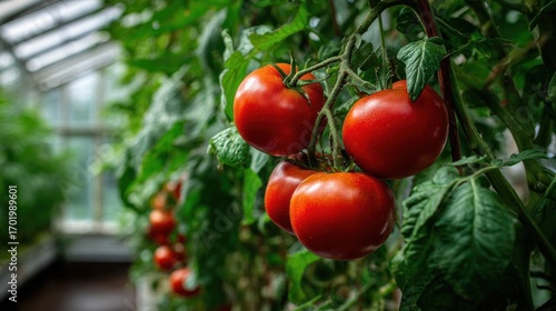 Wallpaper Mural Red tomatoes ripening on branches in a sunny greenhouse. Torontodigital.ca