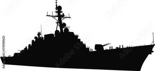 Military battleship silhouette illustration, modern navy warship vector design, armed marine vessel artwork, ocean defense ship graphic, naval fleet icon