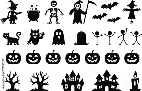 Halloween silhouette icons, witch flying, skeleton, grim reaper, bats, black cat, ghost, pumpkin faces, scarecrow, haunted house, spooky candle