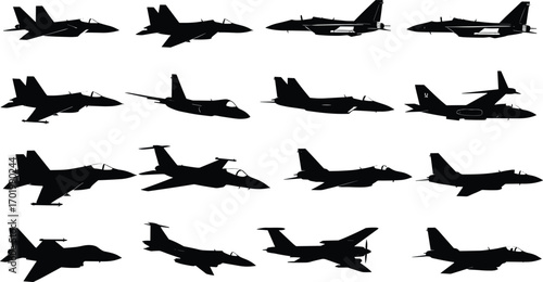 Military fighter jet silhouette collection, modern aircraft vector set, warplane illustration, aviation design, combat airplane artwork, defense airforce graphic