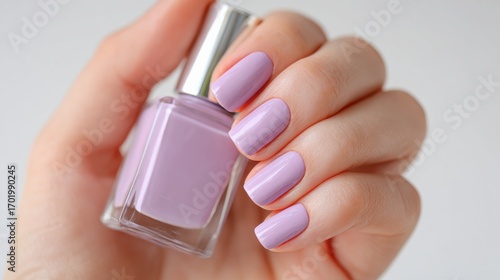 Wallpaper Mural Female hand with lilac nail polish holding a matching nail polish bottle, elegant manicure Torontodigital.ca