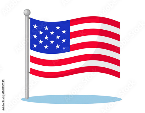 “Cartoon American Flag with Stars and Stripes, Waving on Pole, Minimal Emoji Style, Isolated on Transparent”