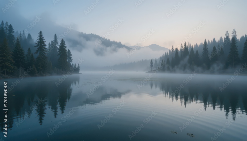 Fototapeta premium Misty Morning Serenity: A breathtaking landscape features a tranquil lake mirroring towering trees, shrouded in a soft morning fog, creating a captivating scene of natural beauty and stillness.