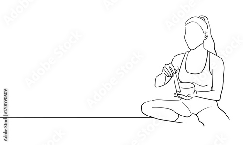 Yoga woman meditating with singing bowls isolated on white background. Relax line art drawing. Vector illustration	