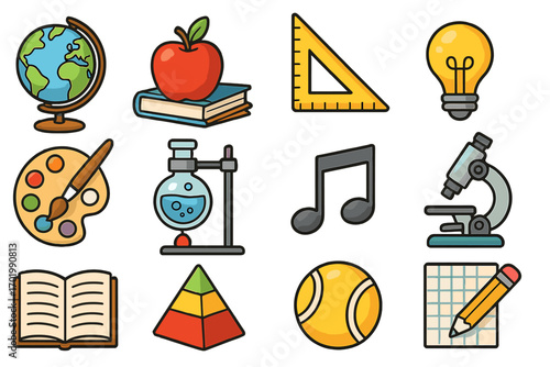 Education icon set. School subjects and learning tools collection. Vector cartoon illustration for back to school concepts. Globe, book, science, art, math and sport symbols.