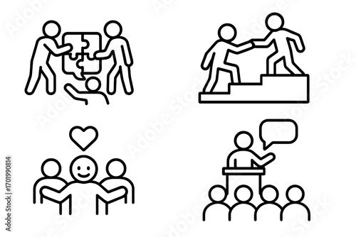 Teamwork and support icon set. Collaboration, community engagement, and mentorship concepts. Line art vector icons for business partnership, help, and leadership presentation.