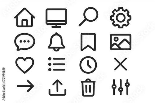 Minimalist universal icons set for user interface and web design. UI UX line symbols collection for apps. Home, search, settings, like, comment, notification, gallery, delete.