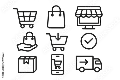 Shopping and e-commerce icon set. Online retail and delivery service concepts. Includes cart, bag, store, package, mobile shopping, add to cart, and shipping truck. Thin line vector.