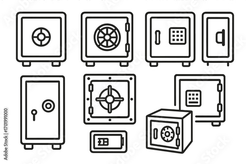 Safe line icon set. Collection of bank strongbox and vault symbols. Vector outline illustration for security, money protection, finance, deposit and wealth concepts.