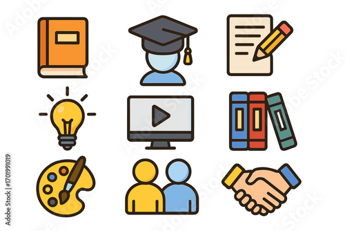 Education and creativity vector icon set. Simple icons for learning, collaboration, and business concepts. E-learning, graduation, knowledge, teamwork, art, and idea symbols.