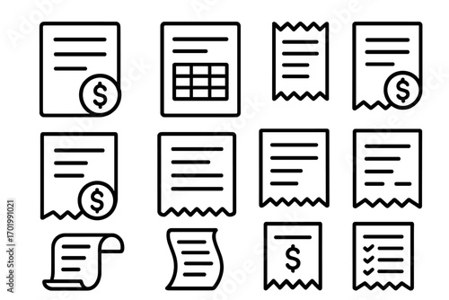 Financial documents outline icon set. Simple vector icons of invoice, bill, receipt, and payment. Concepts for accounting, bookkeeping, tax report, budget, and expense.