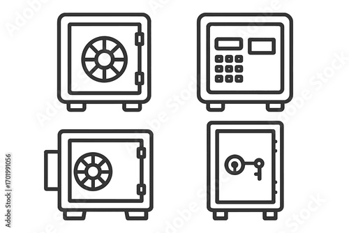 Set of safe and vault line icons. Vector collection of strongbox symbols with combination dial, digital keypad, and key lock for security, finance, and banking concepts.