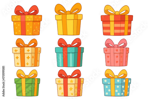 Collection of colorful cartoon gift boxes. Vector set of presents with bows for birthday, Christmas, and holiday celebrations. Isolated graphic elements for design.
