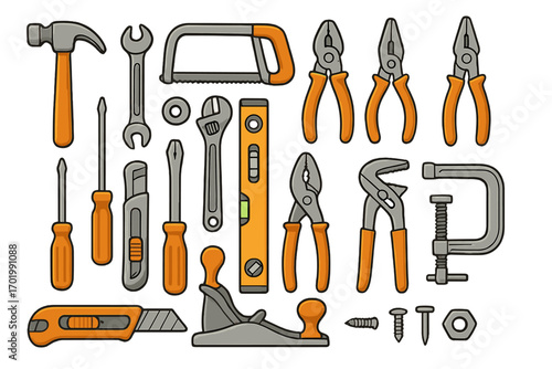 Hand tools set for DIY, construction, and repair. Vector cartoon illustration collection. Includes hammer, saw, wrench, screwdriver, pliers for workshop or hardware store.
