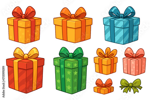 Cartoon gift box vector set. Colorful present collection with bows for birthday, Christmas, or holiday celebration. Surprise giftbox icons for party design element. Isolated.