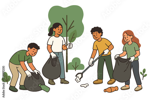 Community cleanup event. People volunteering in park. Team of volunteers cleaning nature. Environmental awareness, sustainability concept. Men, women picking up trash, garbage.