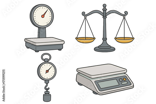 Cartoon vector set of various weighing scales. Analog food scale, balance of justice, spring scale, and digital scale. For measurement, proportion, weight, law, and commerce.