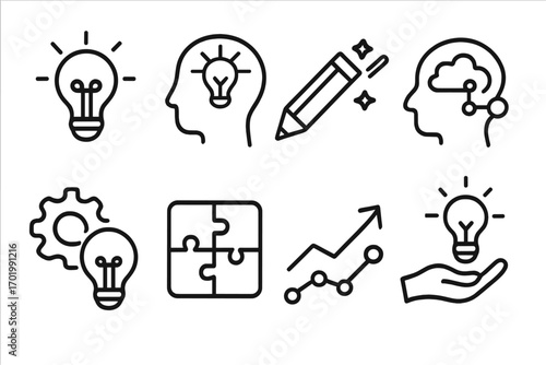 Innovation and creativity line icon set. Vector symbols for idea, brainstorming, strategy, and solution. Business development, startup, and growth concepts. Thin outline pictogram.