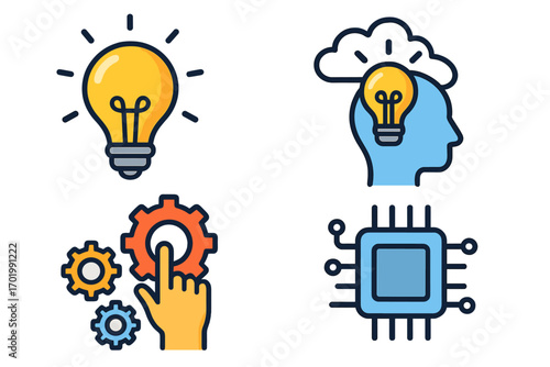 Set of creative icons for innovation, business strategy, and technology. Brainstorming, problem-solving, creativity, idea concepts. Vector cartoon illustration of lightbulb, gears, processor.