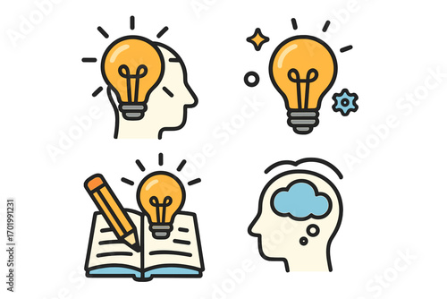 Creative brainstorming icon set. Idea, innovation, and thought symbols. Light bulb in head for inspiration. Knowledge, learning from book. Thinking process and creativity concept.