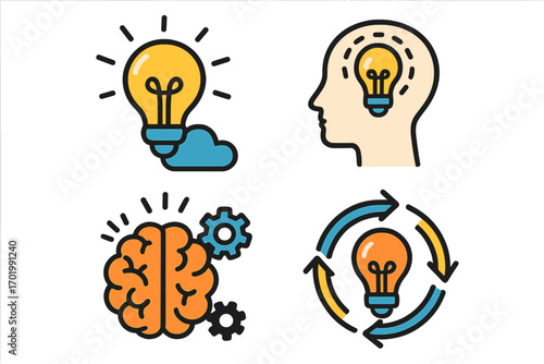 Brainstorming and creative idea icon set. Symbols for innovation, mind, thinking, and problem solving. Lightbulb in head, brain with gears, continuous workflow vector.