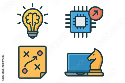 Creative icons for business innovation, technology, and strategy. Vector set with lightbulb brain for ideas, chip for growth, tactical plan, and chess knight for digital strategy.