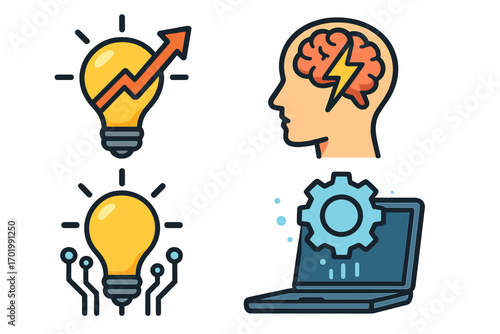 Innovation and brainstorming vector icon set. Lightbulb, growth arrow, brain with lightning, technology concepts for business strategy, development and problem-solving idea.