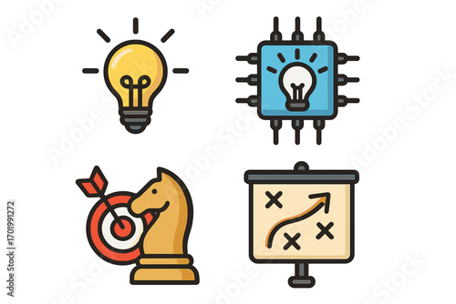 Business innovation icon set. Technology strategy concept. Creative idea light bulb. AI processor. Chess tactic with goal and target. Marketing plan presentation. Vector cartoon.