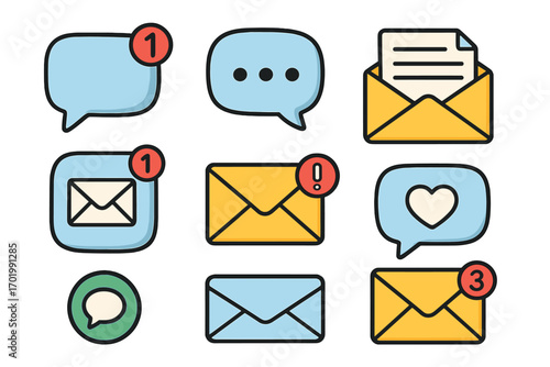 Message icon set. Chat bubble, email notification and communication symbols. Vector illustration for social media alerts, text messages, and app or web interface design elements.