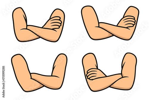 Set of cartoon crossed arms. Body language gesture collection. Folded hands showing defensive pose, disagreement, confidence or waiting. Character arms vector illustration pack.