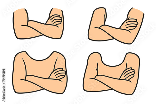 Crossed arms body language gesture set. Man with folded hands. Defensive, stubborn or confident pose. Folded arms on chest. Person thinking. Disagreement or listening concept.