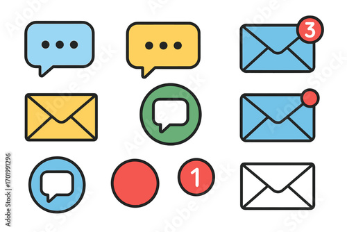 Set of message notification icons. Vector chat bubbles, email envelopes, and alert symbols for digital communication. New text message and inbox mail signs for social media.