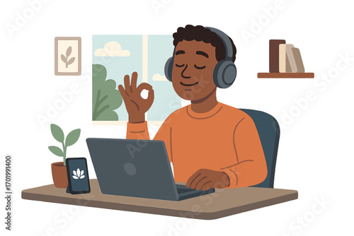 Man meditating at work desk. Zen character listening to calm music on headphones for stress relief. Mental health, work-life balance, mindfulness app, audio guide concept.