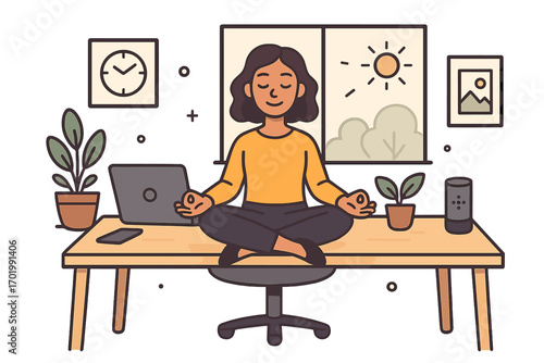 Mindfulness at work concept. Woman meditating in lotus pose on office desk with laptop. Employee practicing yoga for stress relief, wellness, and mental health. Vector.