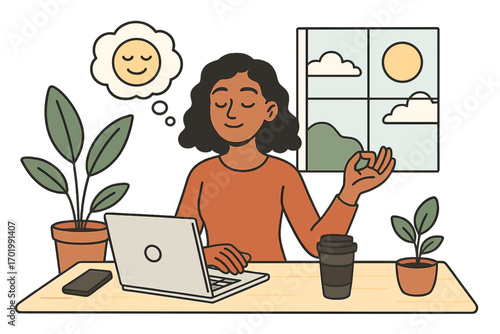 Mindfulness at work concept. Woman meditating at office desk with laptop. Work-life balance vector illustration. Calm, relax, and stress relief. Yoga break for mental health.
