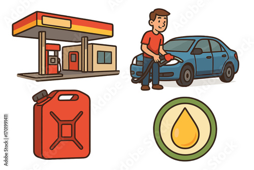Gas station icon set. Man refueling car at petrol pump. Fueling concept with gasoline can and oil drop symbol. Vector cartoon illustration for energy and transportation.