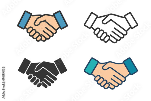 Handshake icon set. Partnership and collaboration concept. Business agreement, deal, and cooperation symbol. Vector illustration in flat, line, and glyph styles. Greeting.