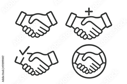 Handshake icons set. Partnership, agreement, collaboration. Business deal, success symbol. Teamwork, cooperation sign. Contract negotiation gesture. Vector line art pictogram.
